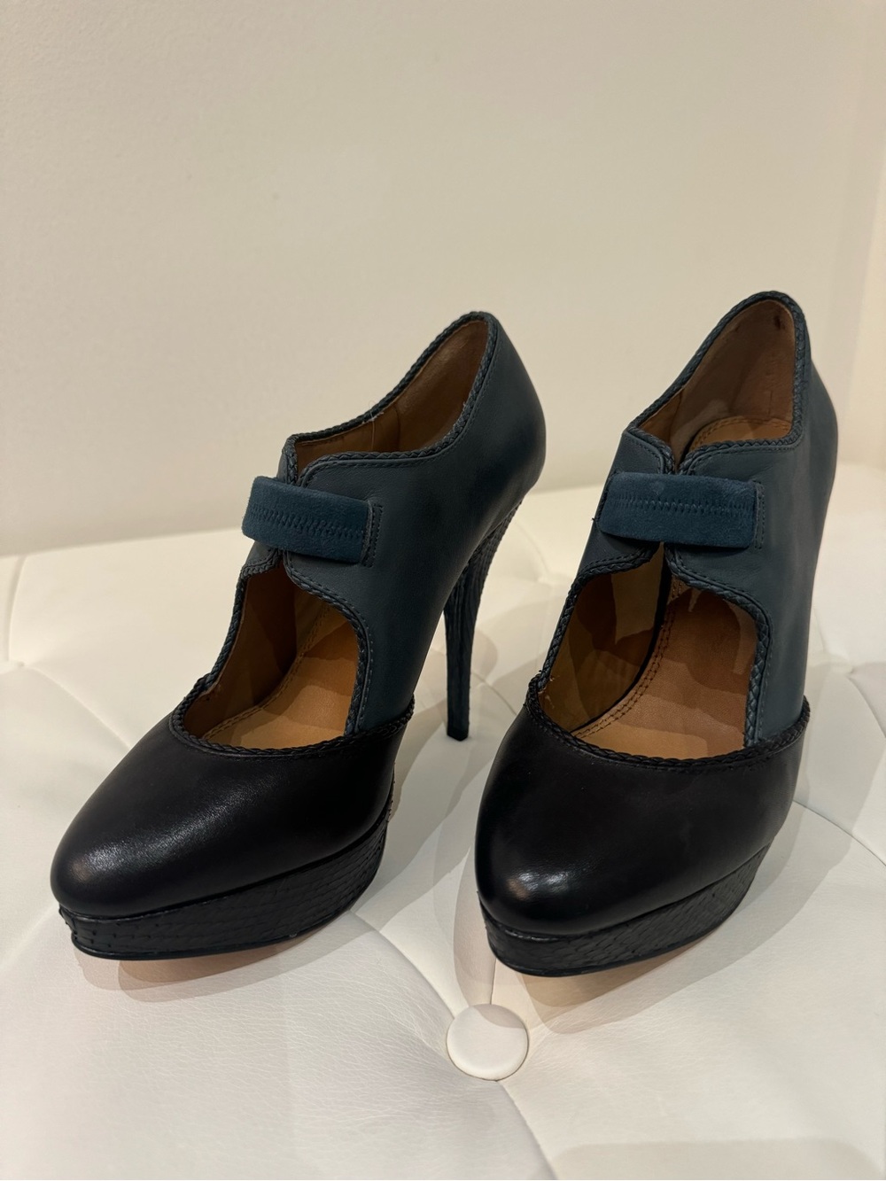 Ella Moss Two-Tone Black and Dark Teal Platform Mary Jane Pumps